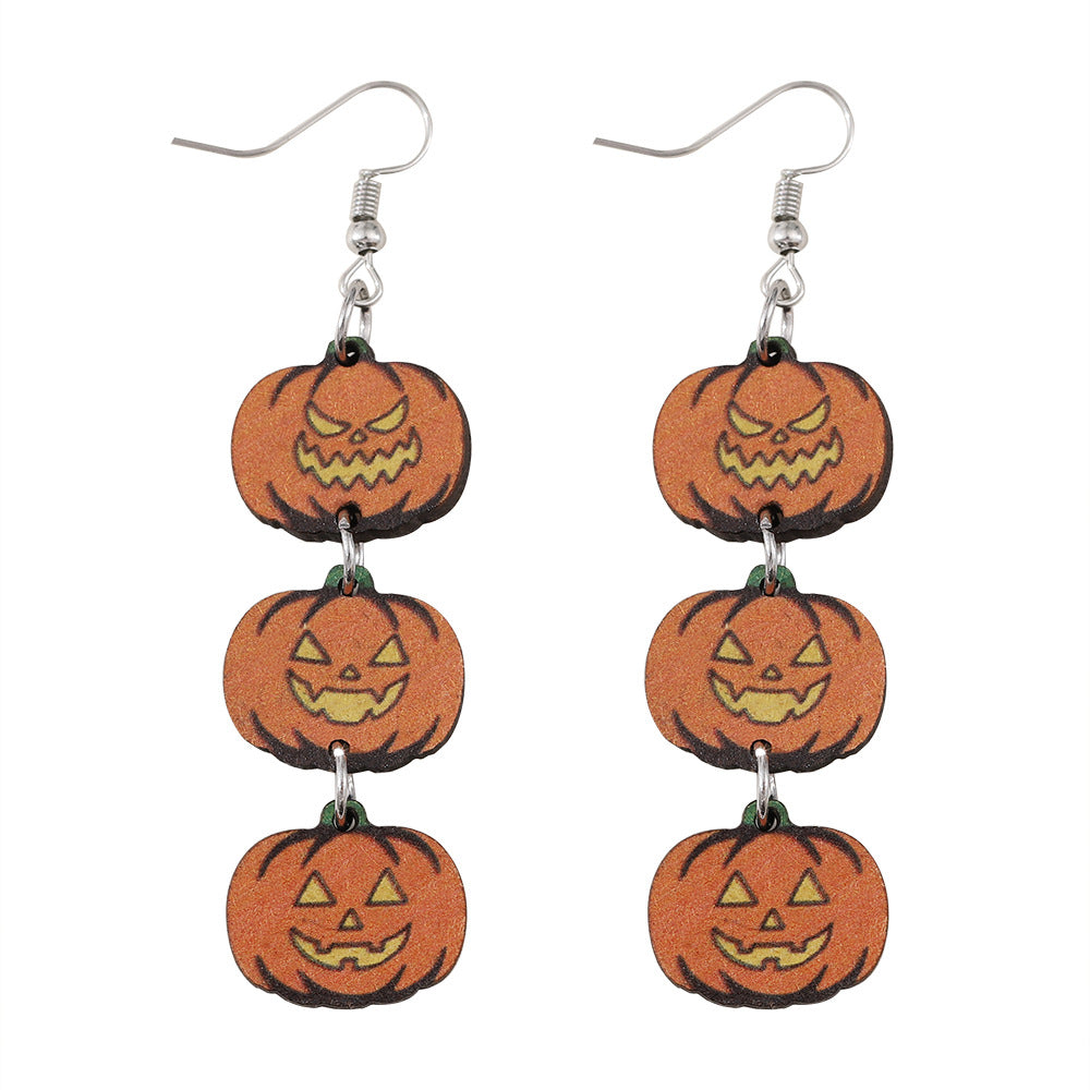 Wholesale Halloween Gothic Style Black Cat Ghost Face Pumpkin Stitching Wooden Earrings