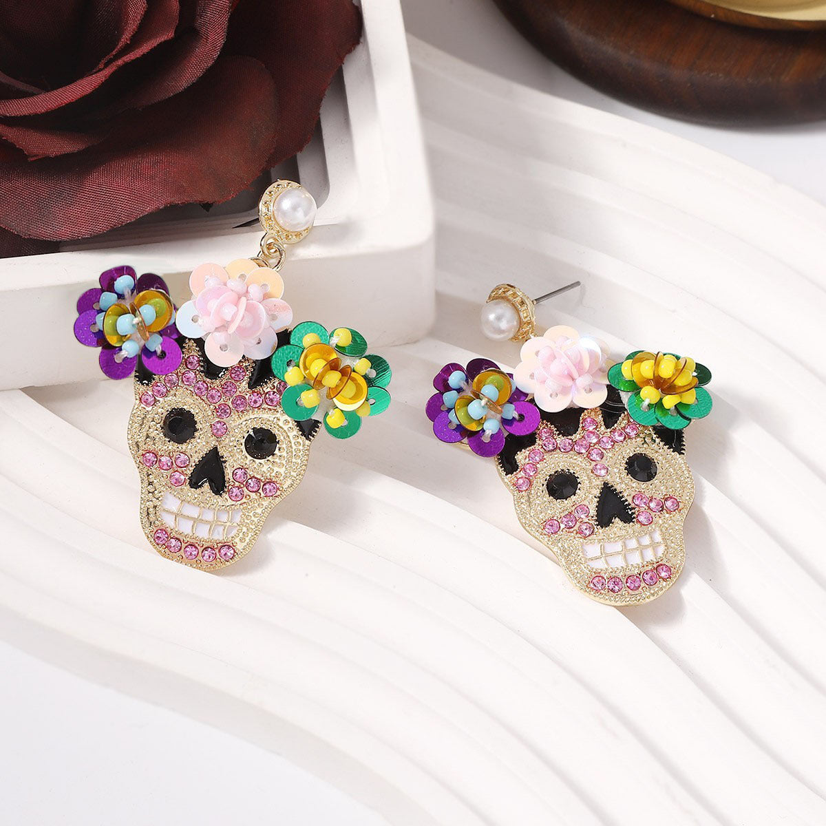 Wholesale Halloween Inlaid Zircon with Sequined Skull Earrings