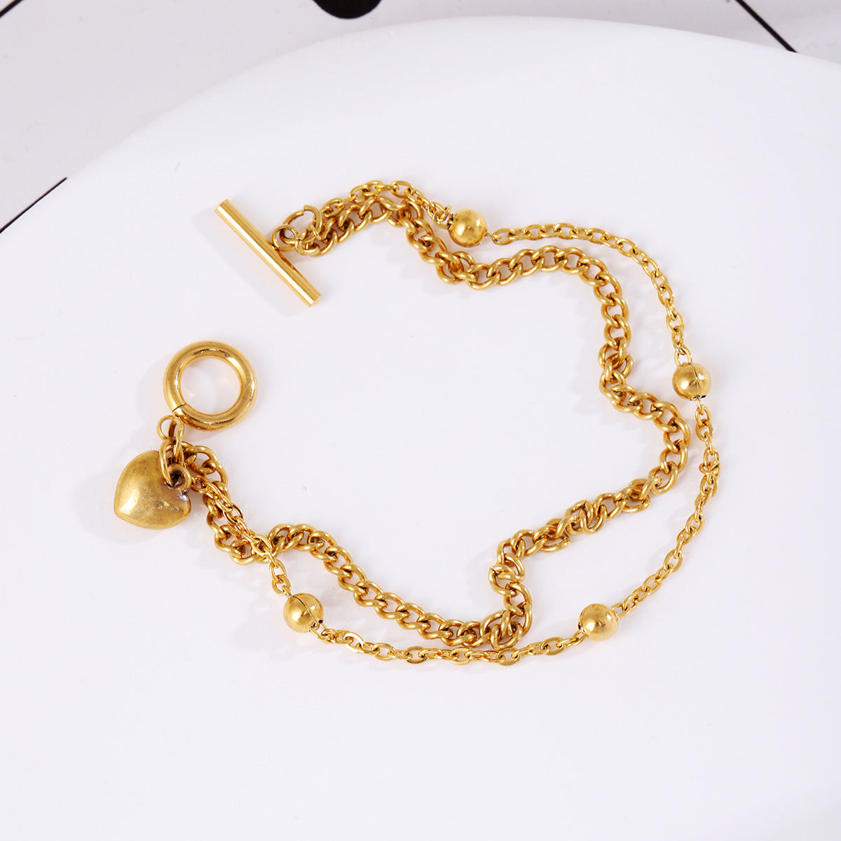 Wholesale Stainless Steel Gold Bead OT Buckle Love Double Layer Bracelet
