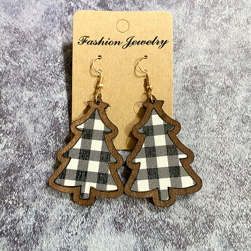 Wholesale Christmas Black and Red Plaid Christmas Tree Wooden Earrings