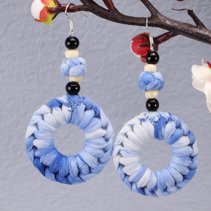Wholesale Tie-dye blue dye earrings earrings ethnic style buckle flower blue earrings tie-dye earrings