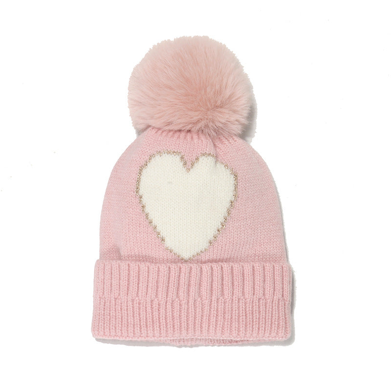 Wholesale Autumn and Winter New Red Love Jacquard Knitted Hat Warm Children's Fur Ball Beanie