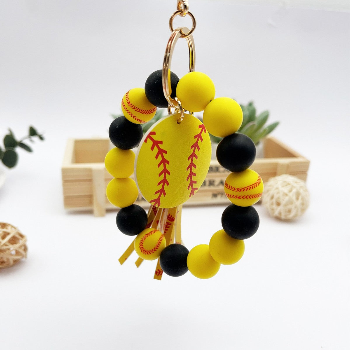 Wholesale Silicone Beaded Tassel Charm Bracelet Keychain Wood Beads Ball Pendant