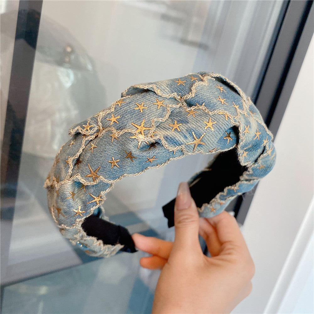 Wholesale Three-dimensional Hot Stamping Five-pointed Star Denim Braided Twist Headband
