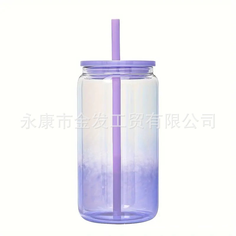 Wholesale 16oz Sublimation High Borosilicate Jelly Color Gradient Mason Glass Cup Portable Color PP Cover Glass Slipper Cup