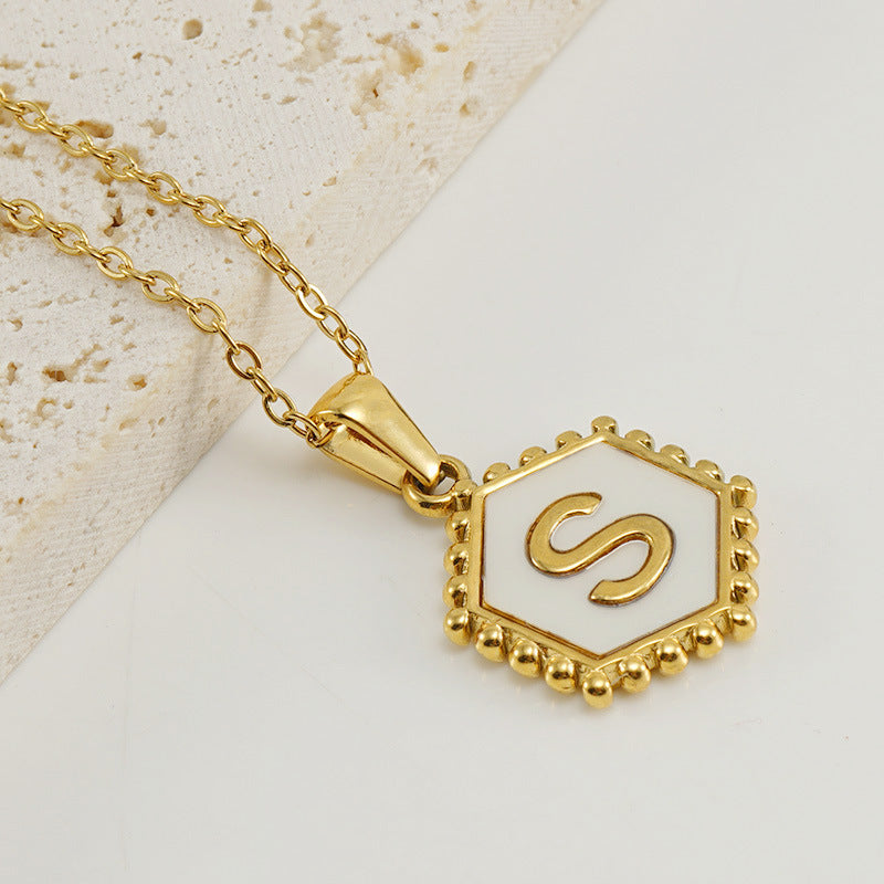 Wholesale Stainless Steel Plated Hexagonal Natural Shell Letter Pendant 18K Necklace