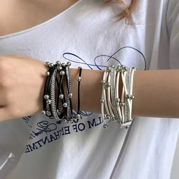 Wholesale  Two-Ring Beaded Leather Bracelet Multi-Layer Leather Bracelet Women' s