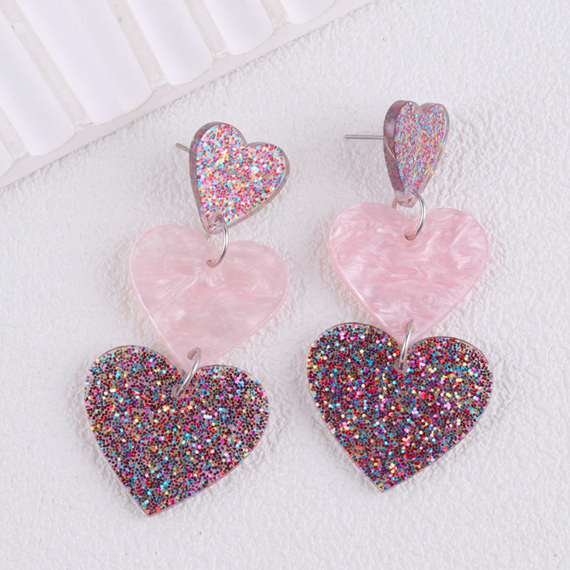 Wholesale Asymmetric long triple heart Acrylic Earrings