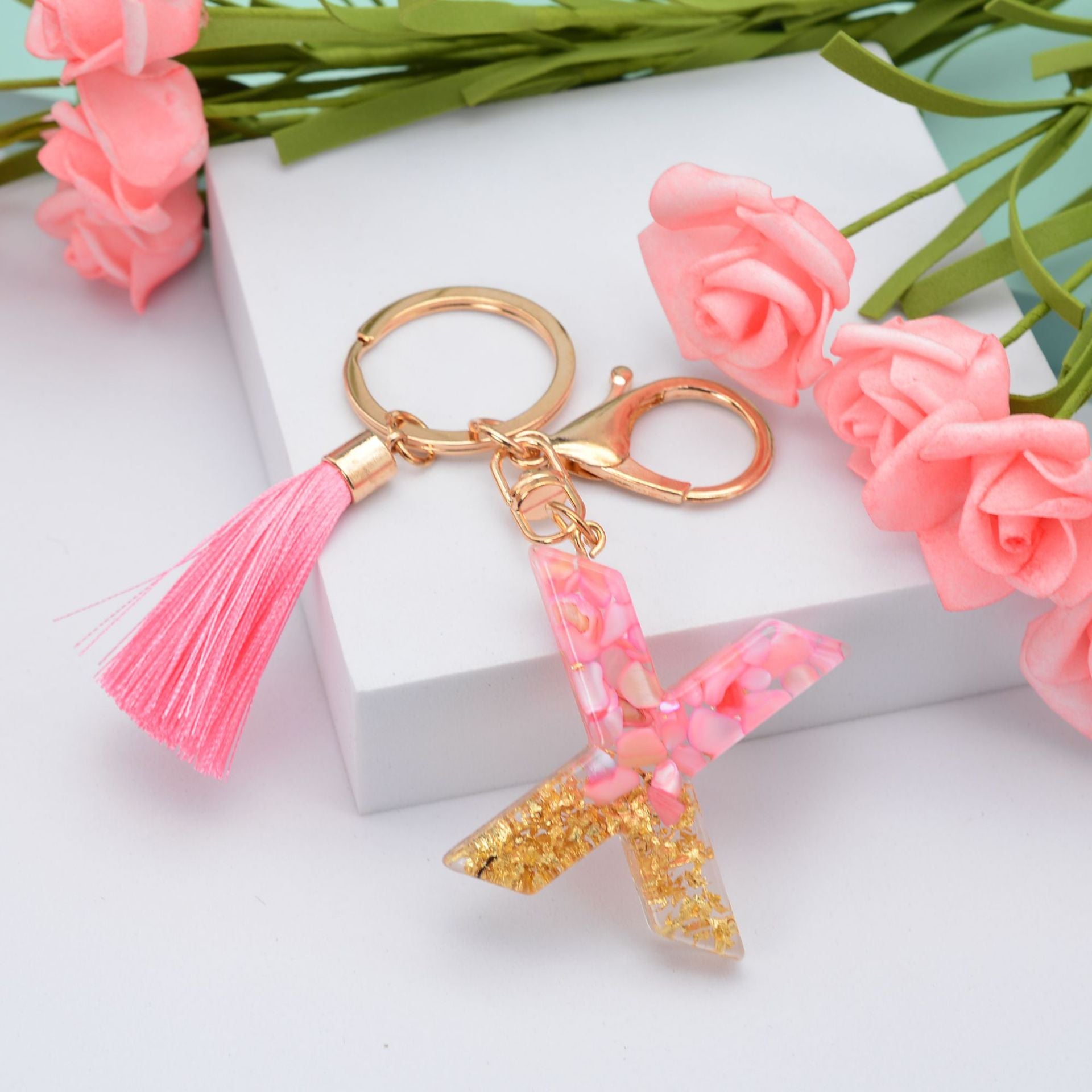 Wholesale Pink Tassel 26 Letter Crystal Resin Keychain