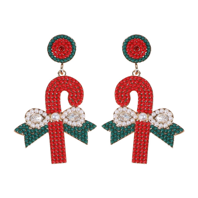 Wholesale Christmas Rice Ball Bow Knot Crutches Guard Christmas Tree Alloy Diamond Earrings