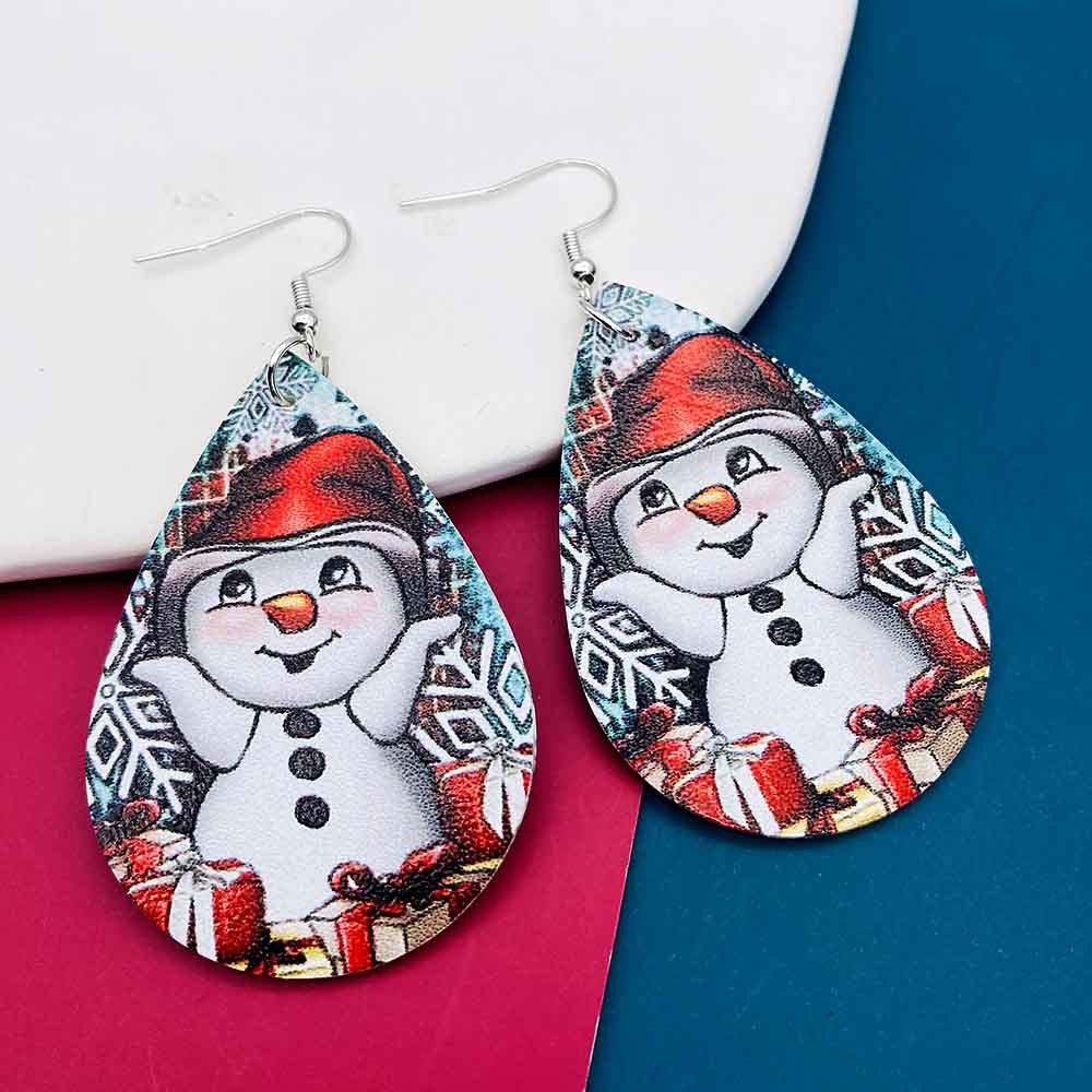 Wholesale Christmas Snowman Snowflake Double Sided Printed Droplet Leather Earrings