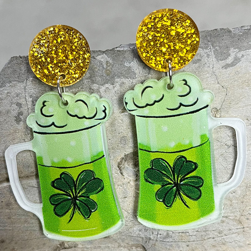 Wholesale 2 Pairs/pack St. Patrick's Day Clover Beer Rainbow Acrylic Earrings
