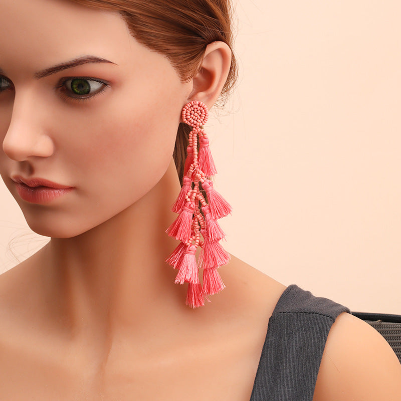 Wholesale Rice Beads Tassel Fabric Earrings