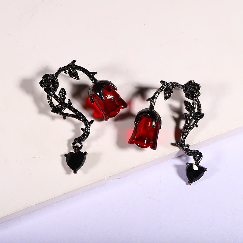 Wholesale Halloween Dark Style Thorn Vine Red Rose Flower Earrings