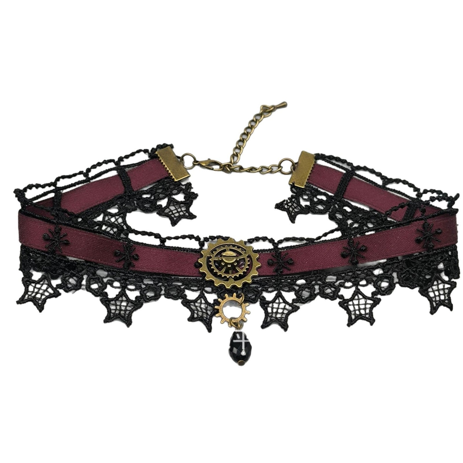 Wholesale Lace punk star dark red ribbon black and white lace necklace