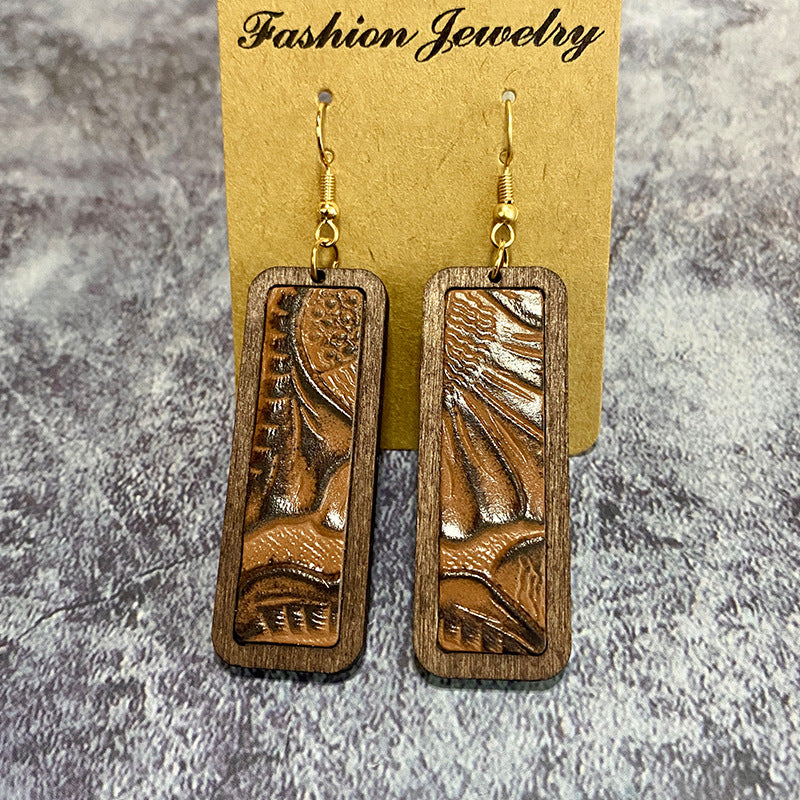Wholesale Western Leopard Print Minimalist Bar Leather Retro Geometric Texture Inlaid Earrings