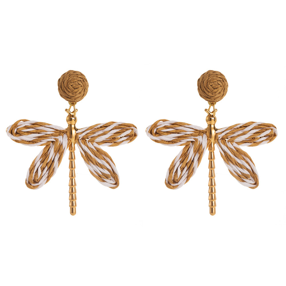 Wholesale Bohemian Holiday Style Hand-woven Raffia Dragonfly Earrings