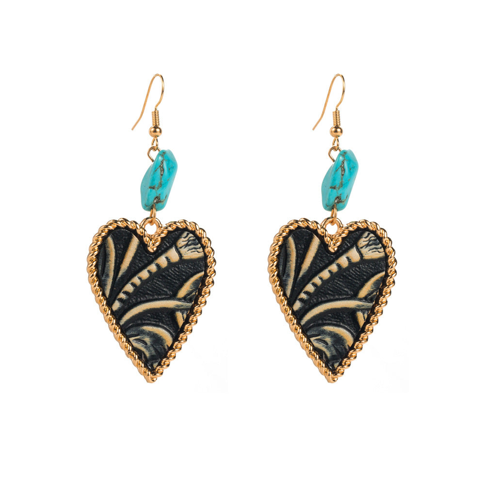 Wholesale Leather print and turquoise heart earrings