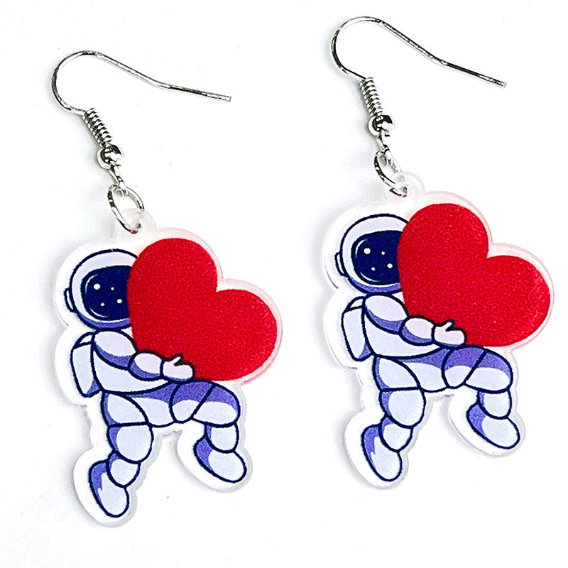 Wholesale 2pcs Valentine's Day Shiny Fun Retro Smiley Astronaut Spaceship Love Bow Earrings
