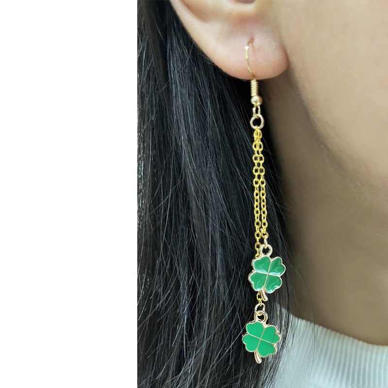Wholesale St. Patrick's Clover Four-leaf Clover Lucky Chain Pendant Metal Fashion Earrings