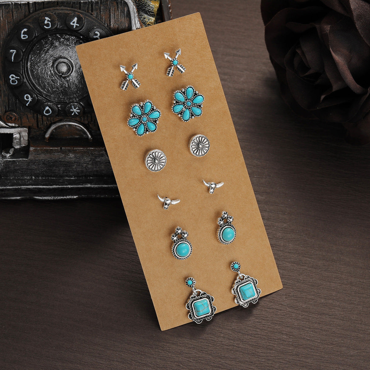 Wholesale Retro Ethnic Style Turquoise Flower Denim Cactus Alloy Earrings
