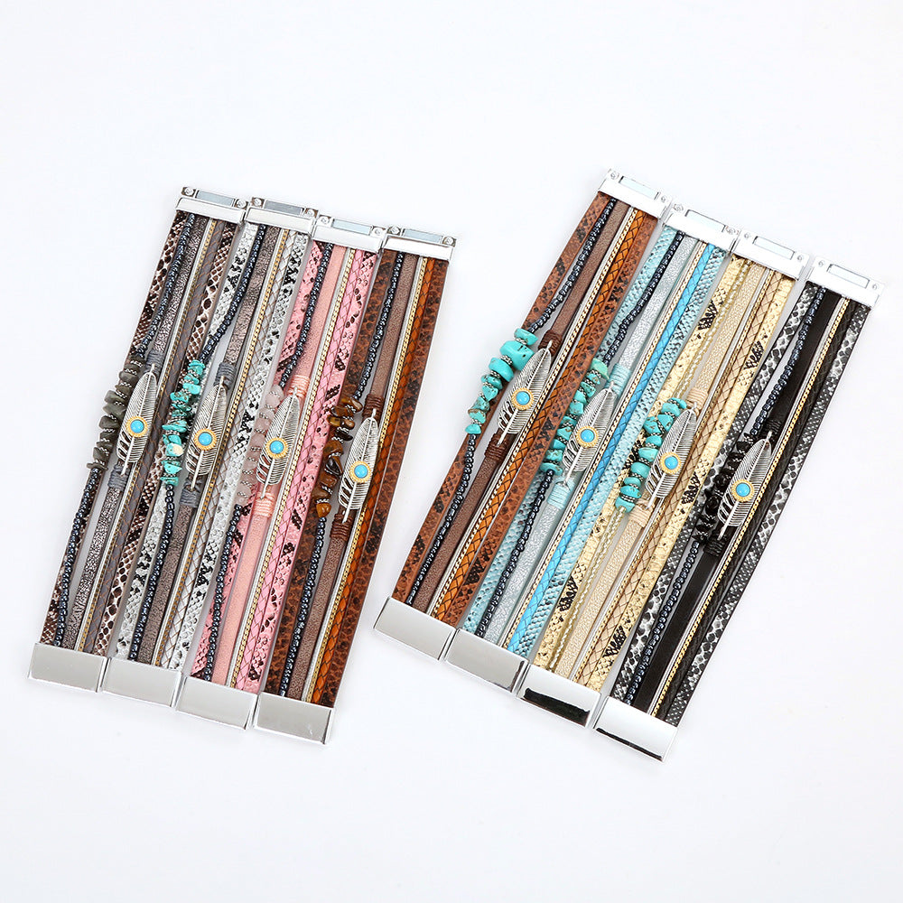 Wholesale Bohemian Vintage Ethnic Style Braided Turquoise Multi-layered Bracelet