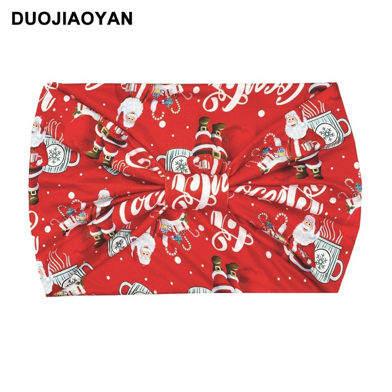 Wholesale Christmas Printed Hairband with Wide Edges and Knotted Elastic Headband Cartoon Santa Claus Headscarf