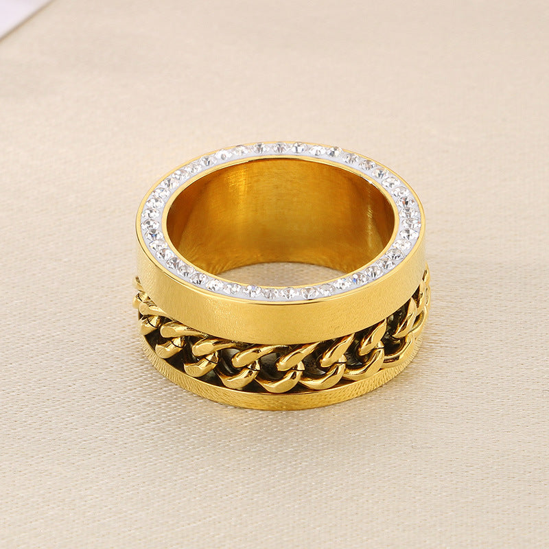 Wholesale Fashion Hip-hop Side Diamond Chain Atmospheric Gold Wide Face Full Diamond Stainless Steel Rings