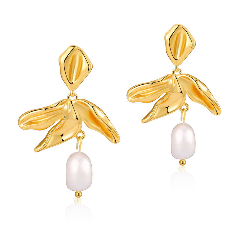 Wholesale Pearl S925 Silver Needle Leaf Plated 18K Real Gold Earrings