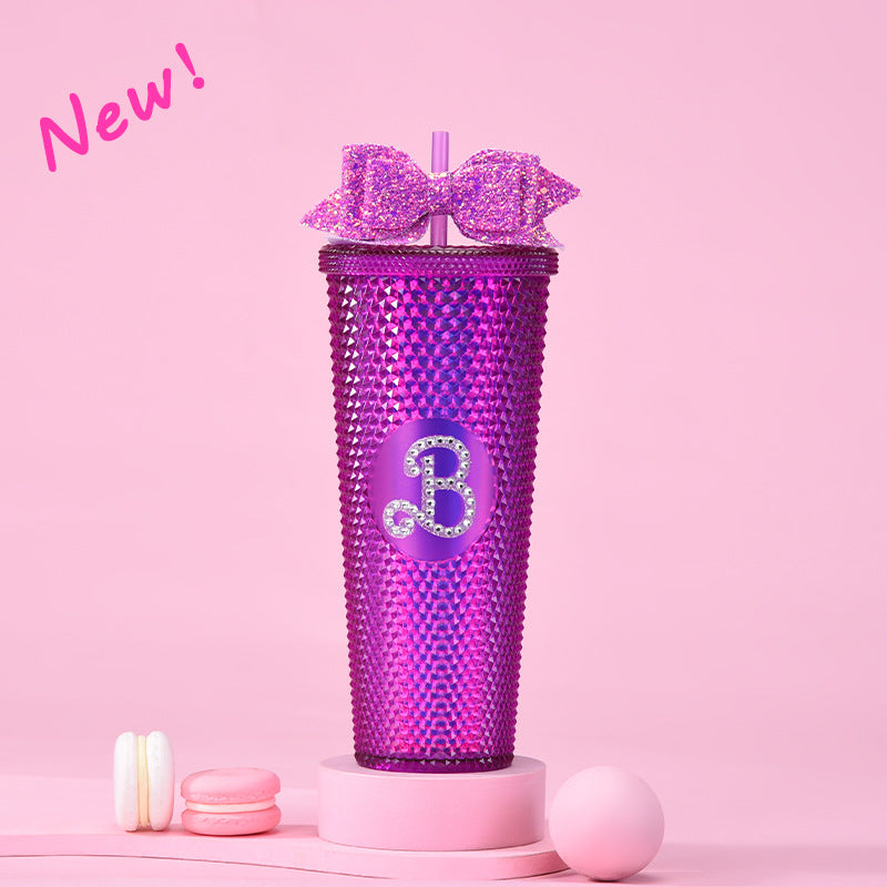 Wholesale Double-layer Plastic 710ml Large Capacity Straw Cup with Glitter Bow Tie Hand Cup Durian Cup
