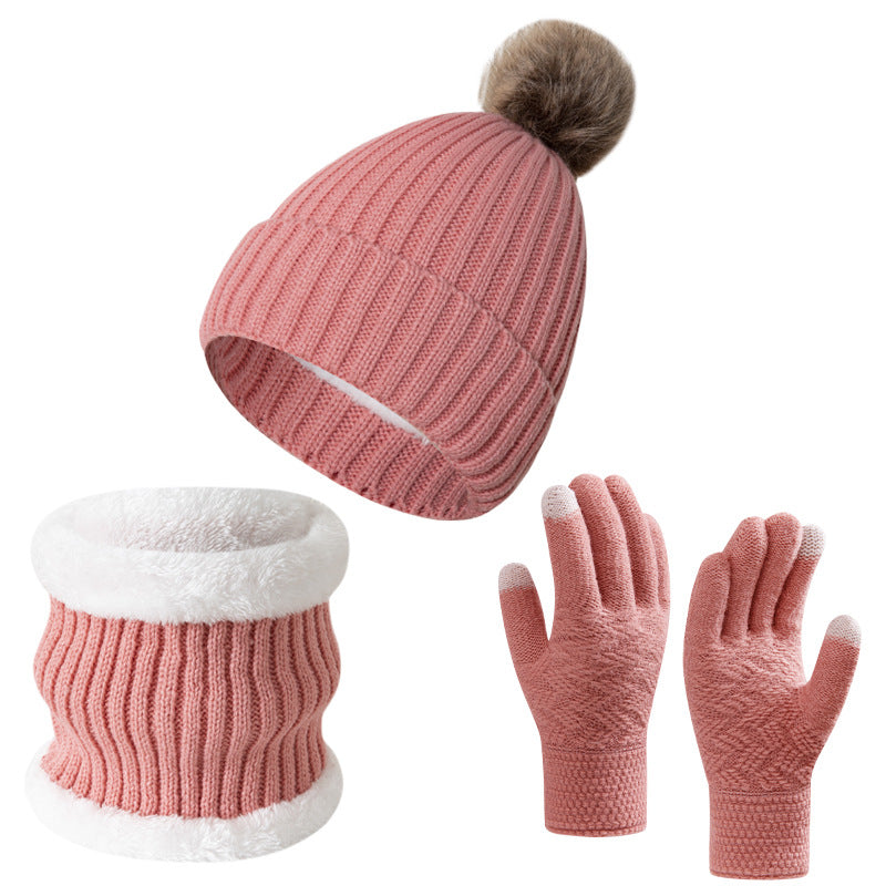 Wholesale Knitted Wool Warm Plus Velvet Thick Winter Scarf Gloves Hat Neck Three-piece Set