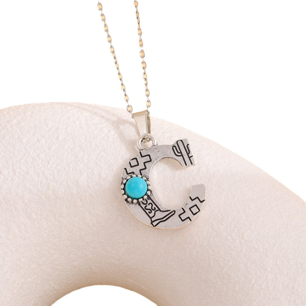 Wholesale Western stainless steel chain cactus turquoise letter necklace