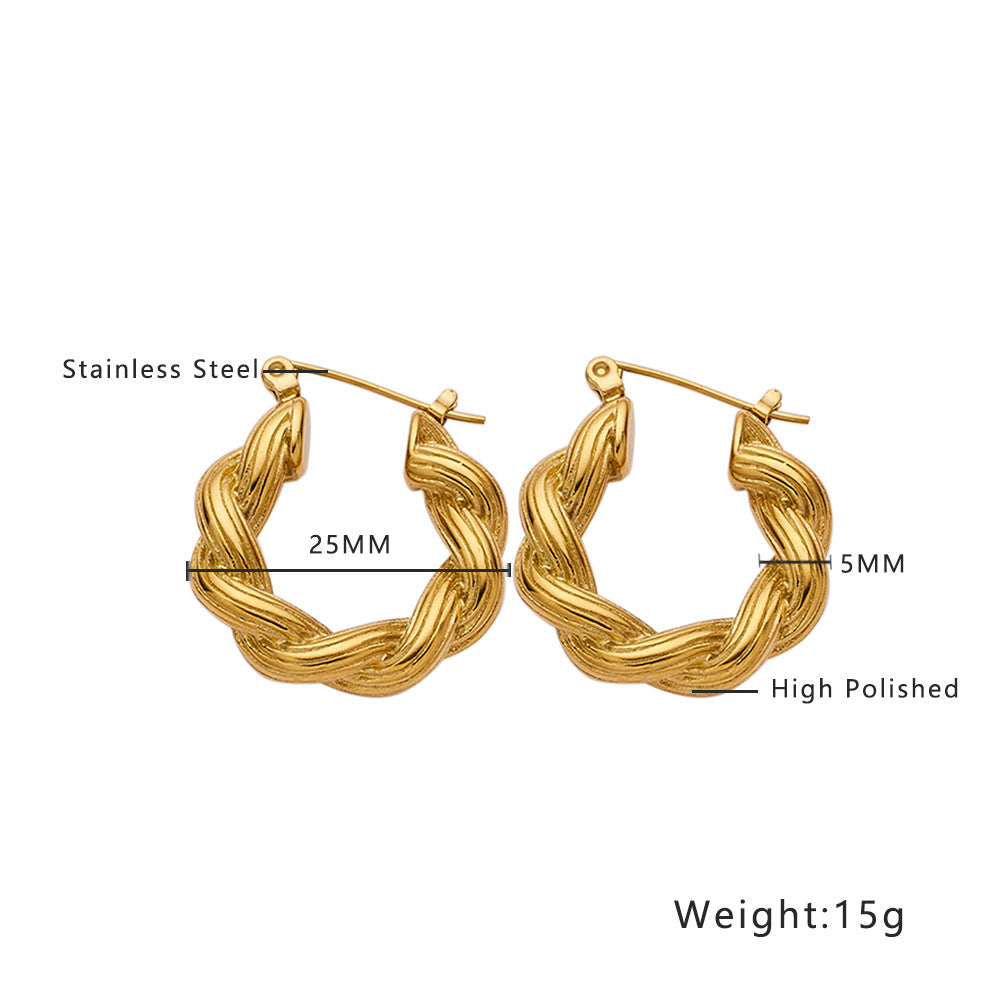 Wholesale Retro Twisted Circle Diamond Braided Wheat Ear C-Shaped Large Arc Gold Earrings