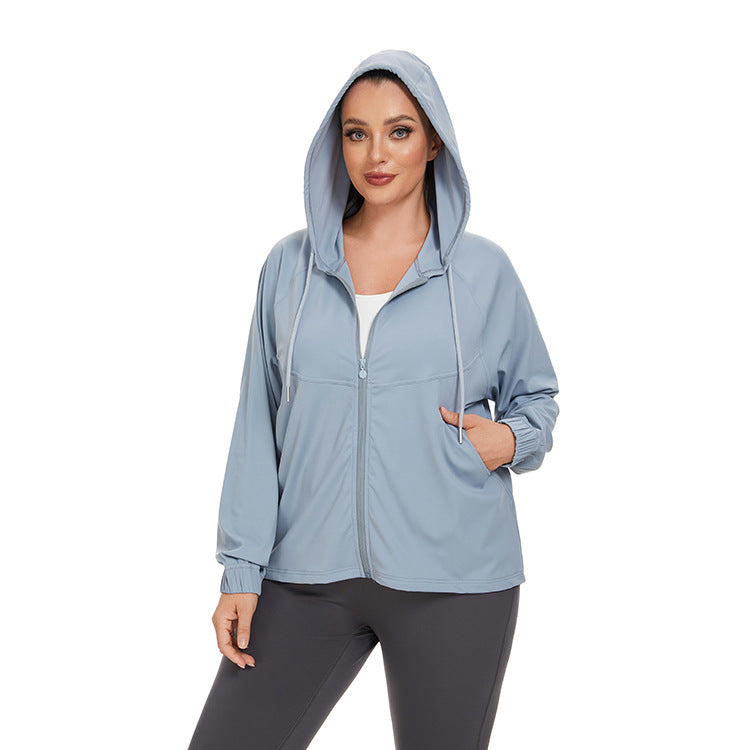 Wholesale Large Size Long Sleeve Quick Drying Loose Sun Protection Hooded Yoga Wear