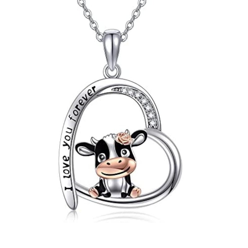 Wholesale of 10PCS Cute Cow Printed and Carved Heart Shaped Alloy Necklace