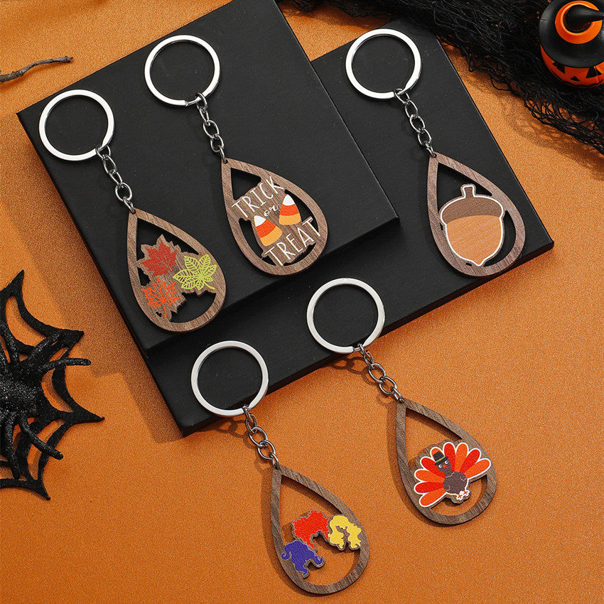 Wholesale Thanksgiving Water Drop Wooden Printed Turkey Maple Leaf Keychain