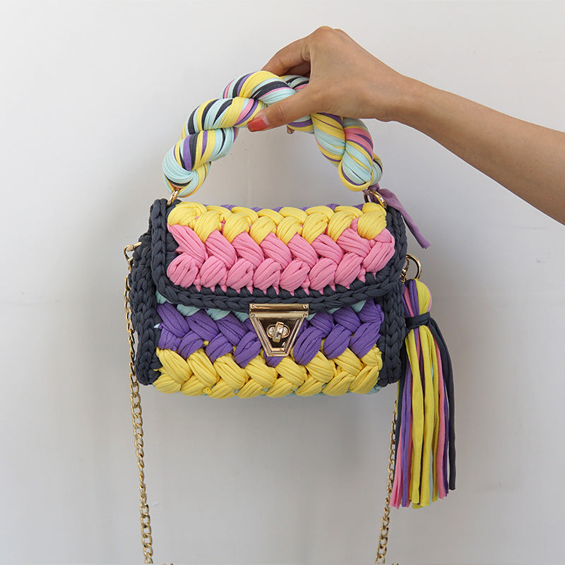 Wholesale Handmade Polyester Woven Handbags with Colored Chain Strips and Diagonal Cross Shaped Handbags