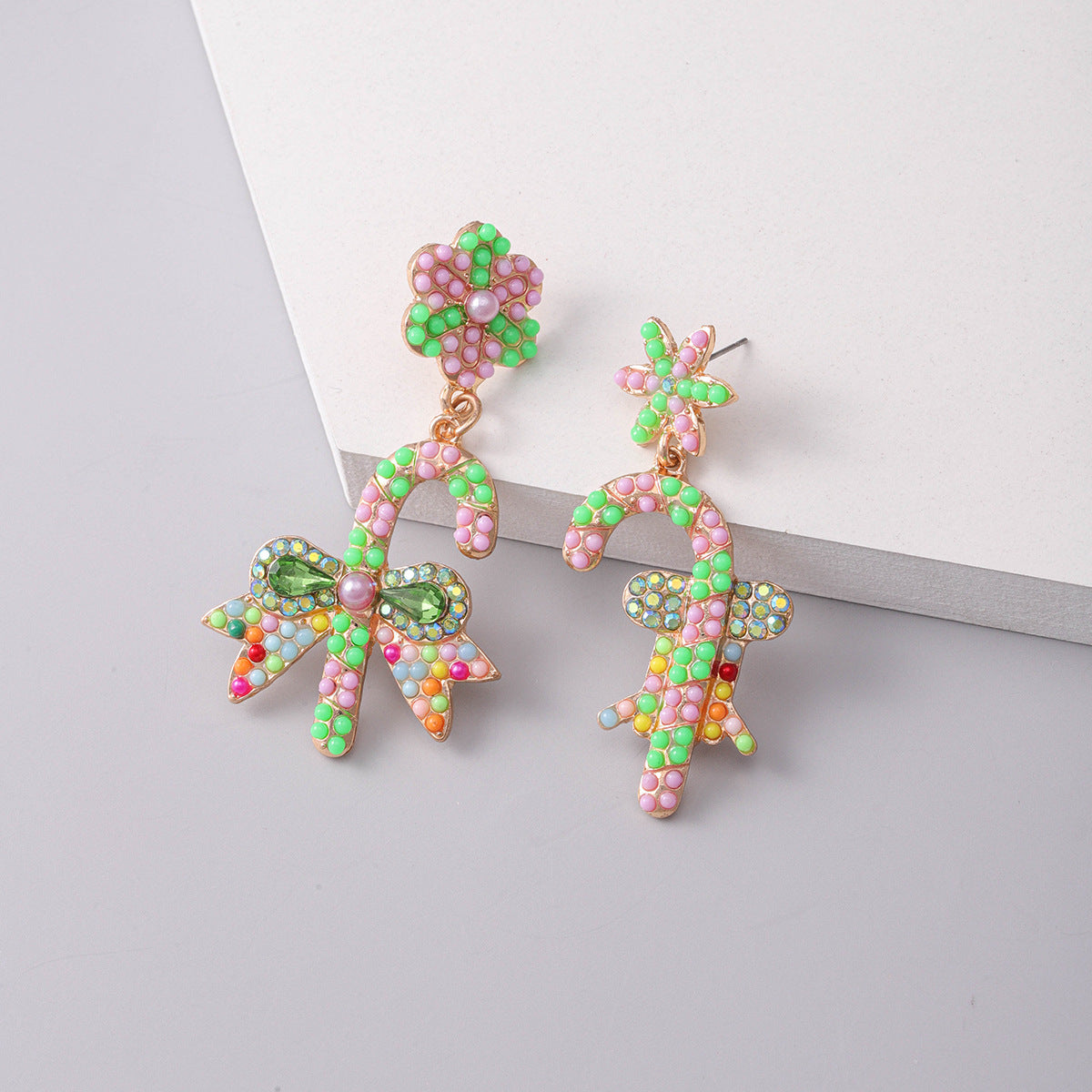 Wholesale Christmas Cane Bow Pearl Rice Bead Earrings