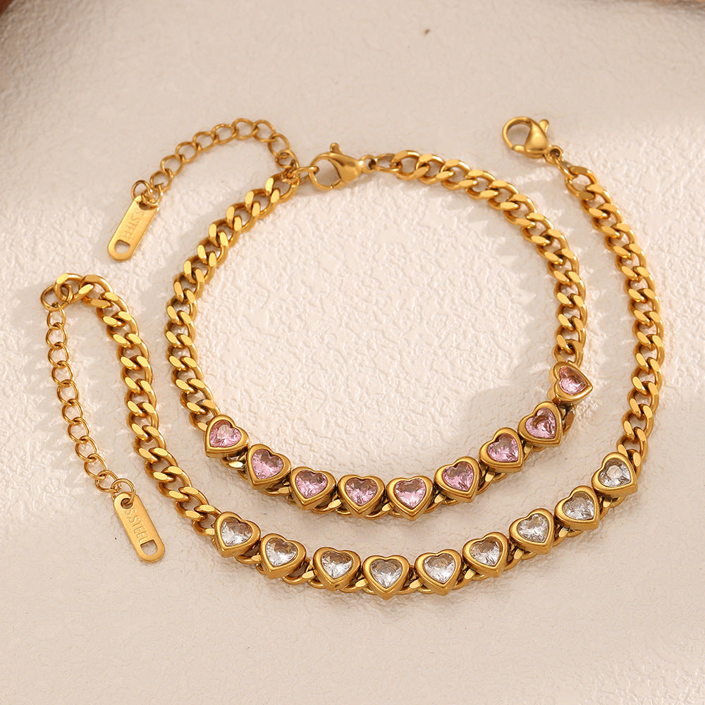 Wholesale Tennis chain with diamond studded heart-shaped stainless steel bracelet