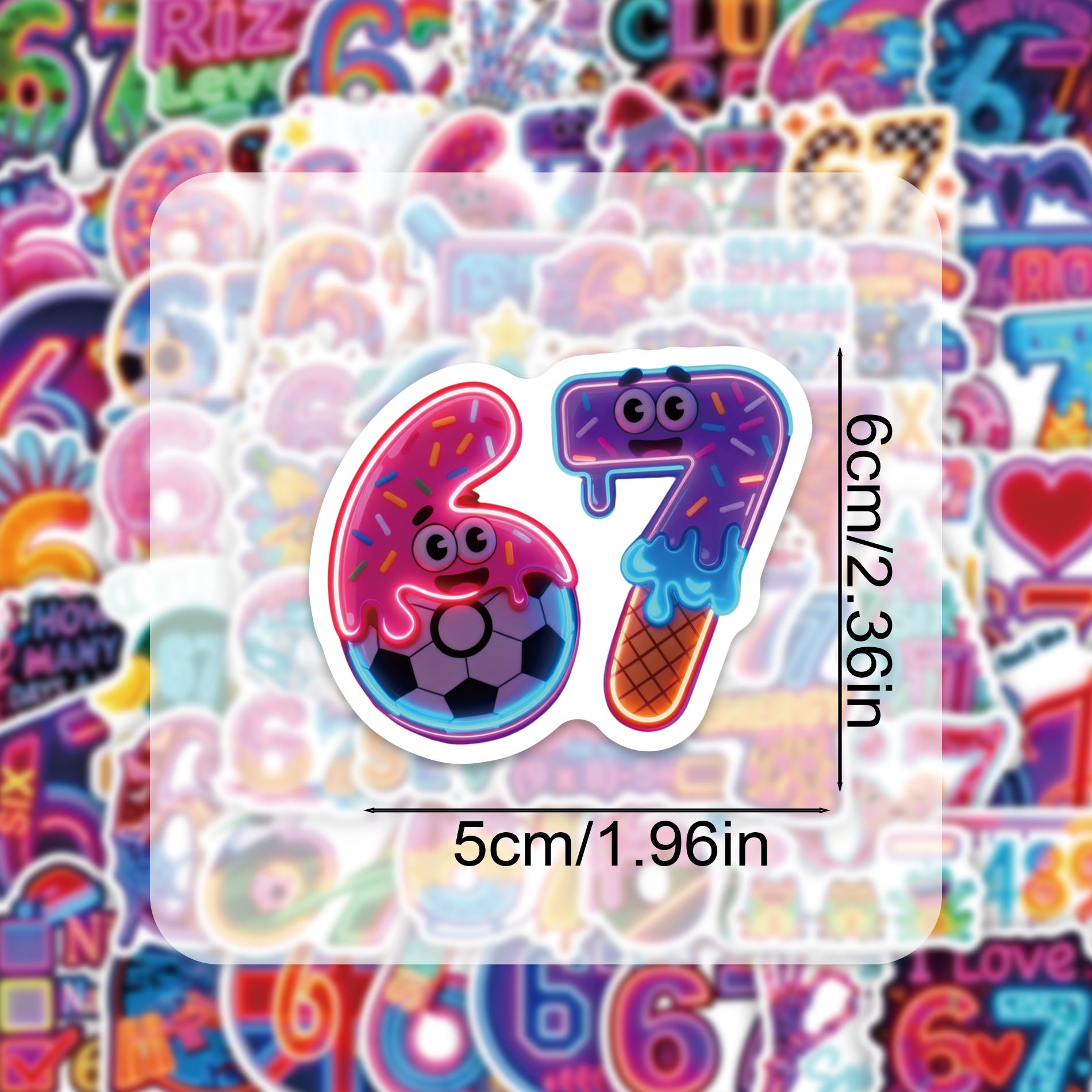 Wholesale 60pcs Colorful neon numbers 67 Waterproof Vinyl Stickers