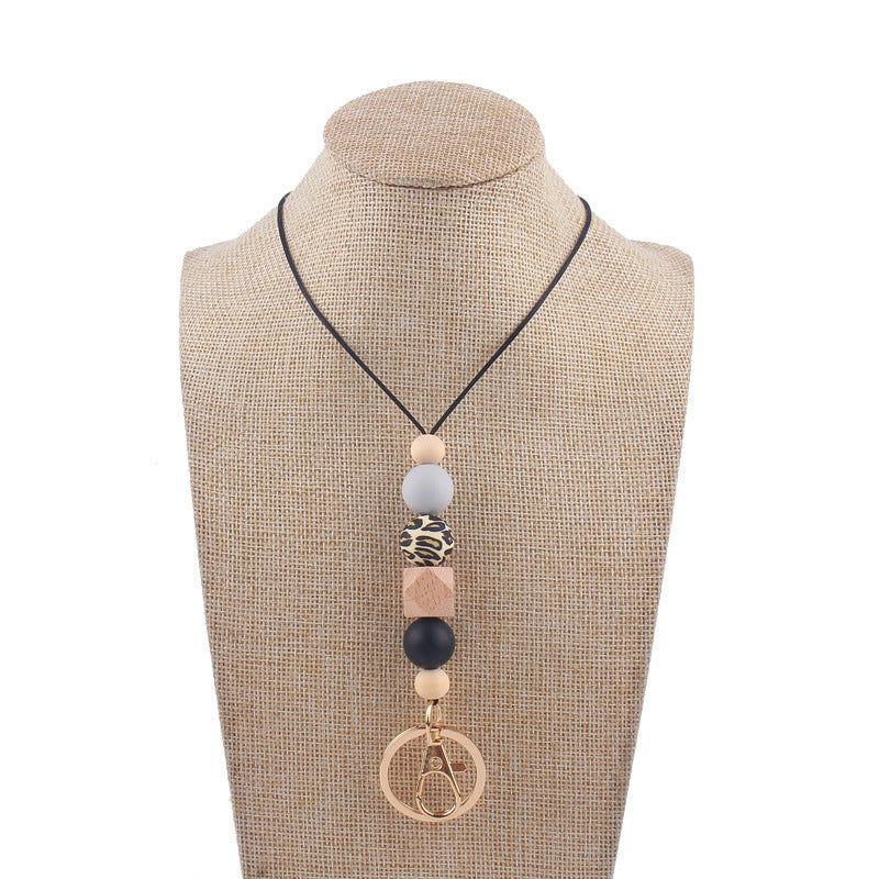 Wholesale Leopard Print Silicone Beaded Lanyard ID Keychain