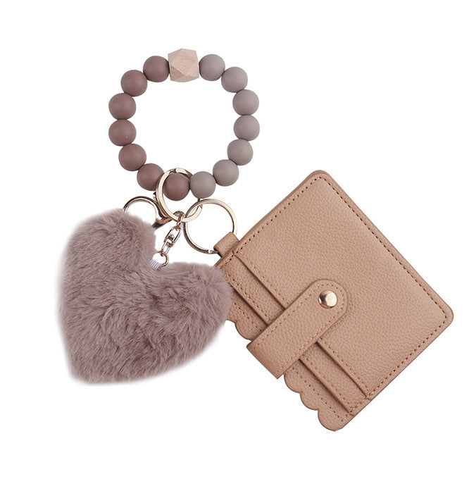Wholesale Heart Shape Fur Ball Card Holder Silicone Beaded Wrist Keychain