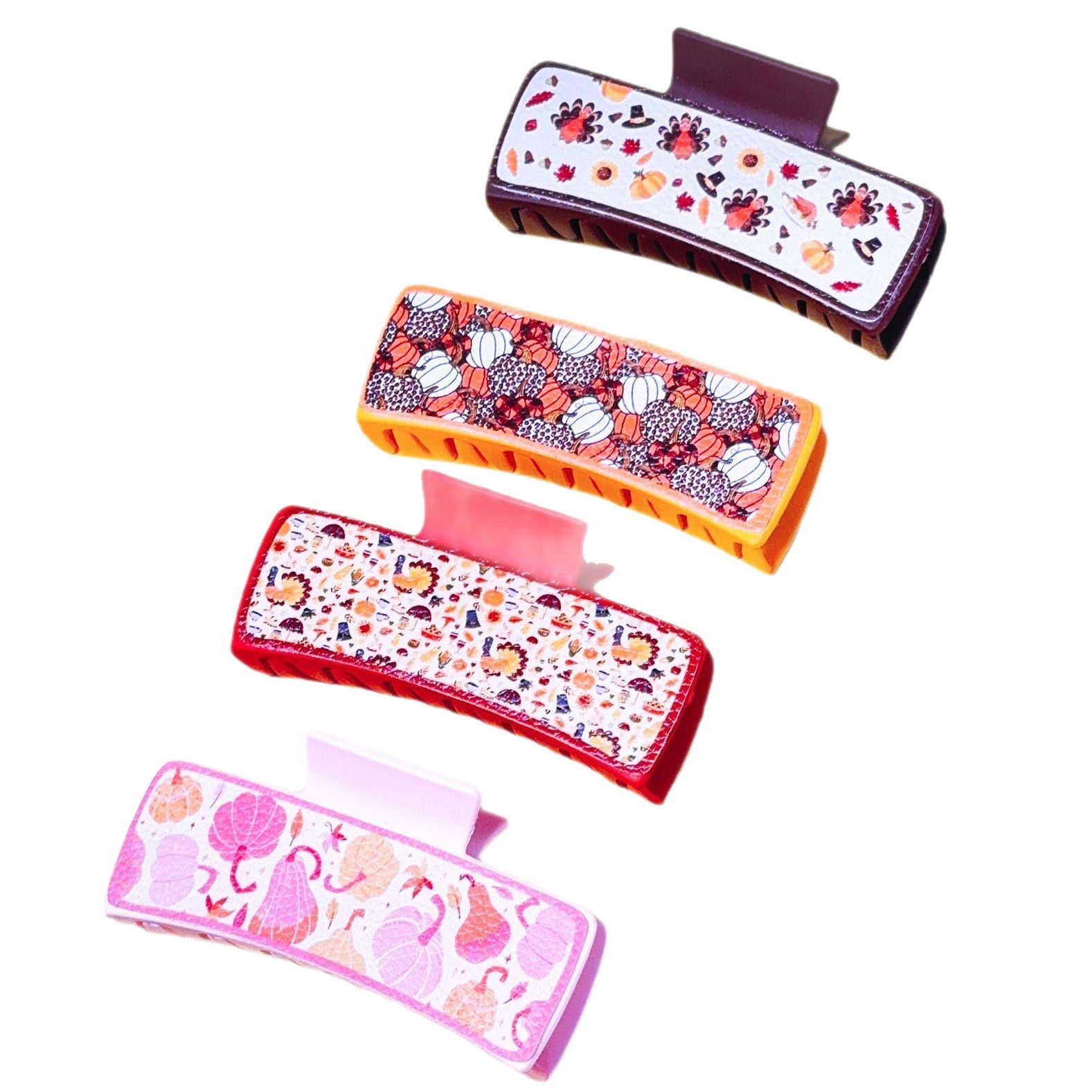 Wholesale Thanksgiving Turkey Pumpkin Leather Print Rectangular Grab Clip