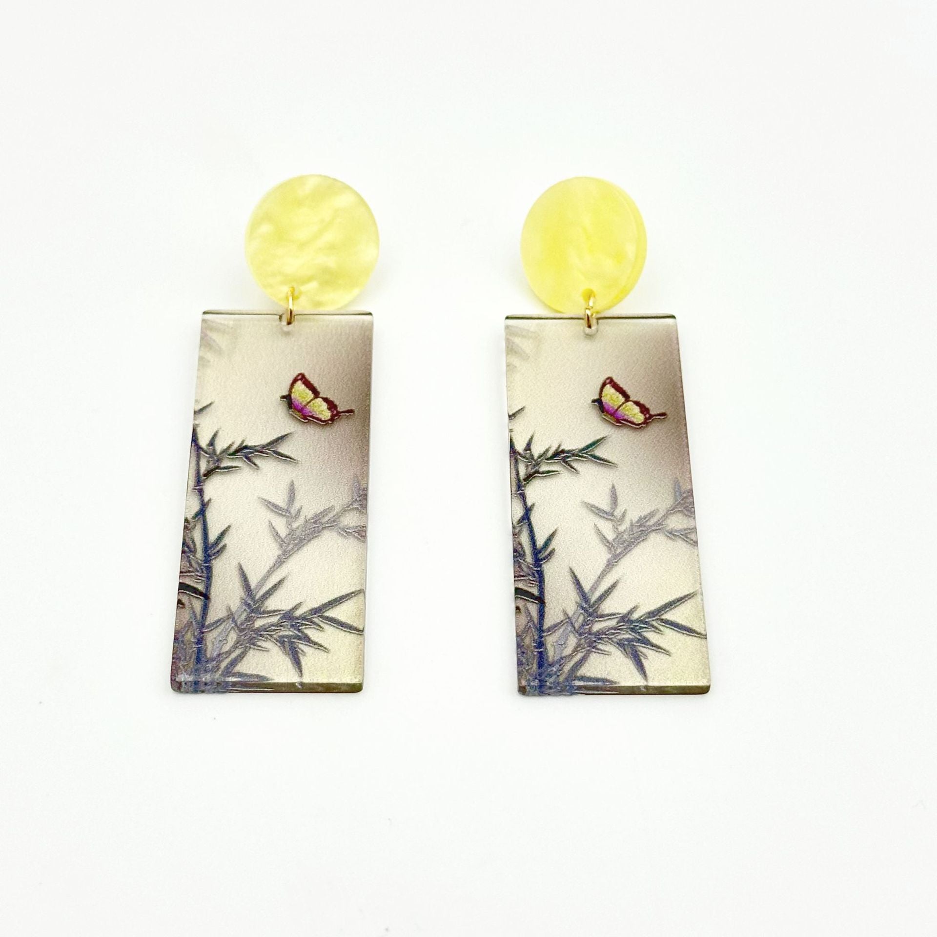 Wholesale Chinese Style Bamboo Flower Standing Print Acrylic Earrings