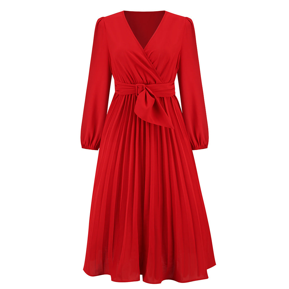 Wholesale Long Sleeve Slim Fit Pleated Belted V-neck Dress