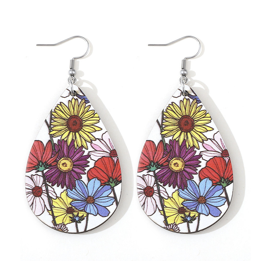 Wholesale Creative sunflower earrings double-sided wooden water drop earrings personality earrings