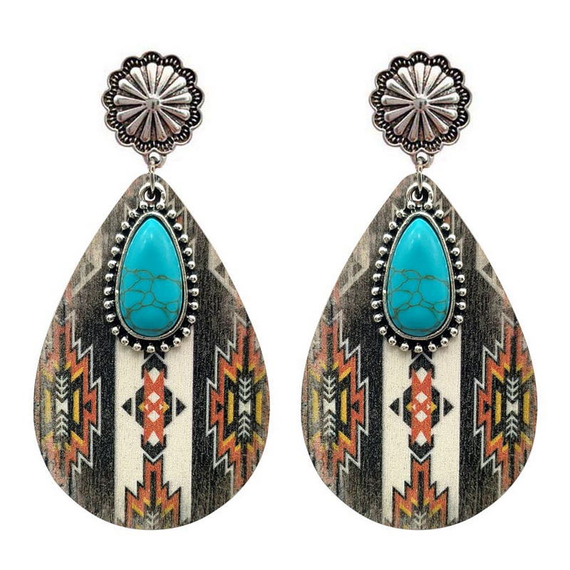 Wholesale Ethnic Turquoise Western Style Aztec Leather Drop Earrings