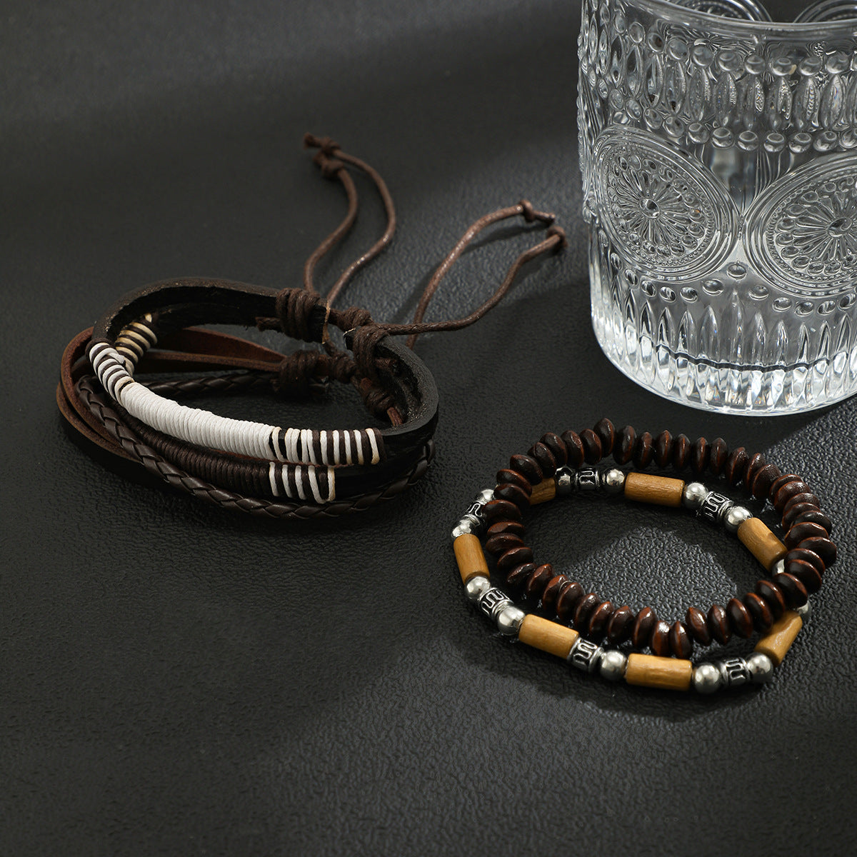 Wholesale Vintage Wood Beads PU Men's Bracelet