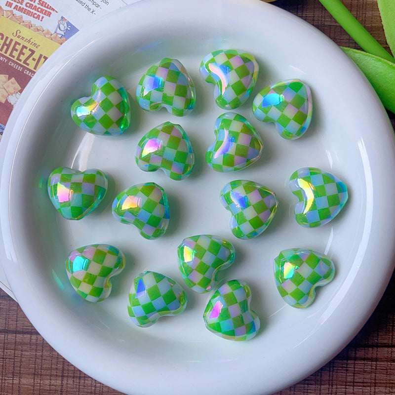 Wholesale 10pcs/pack  Printed checkered heart-shaped bead  Acrylic Beads