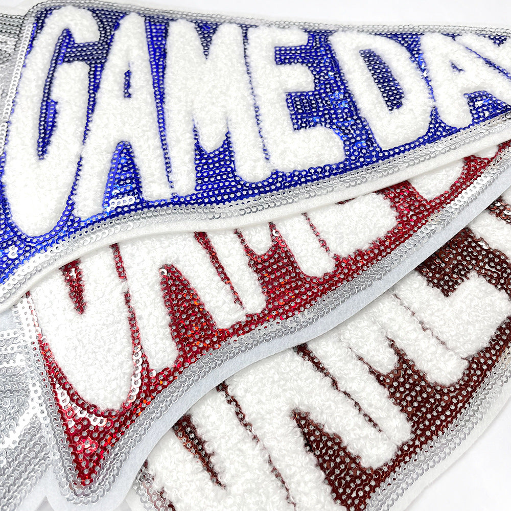 Wholesale Boutique Large Triangular Game Day Glitter Embroidered Patch Orange Iron On DIY Applique Fashion Accessory